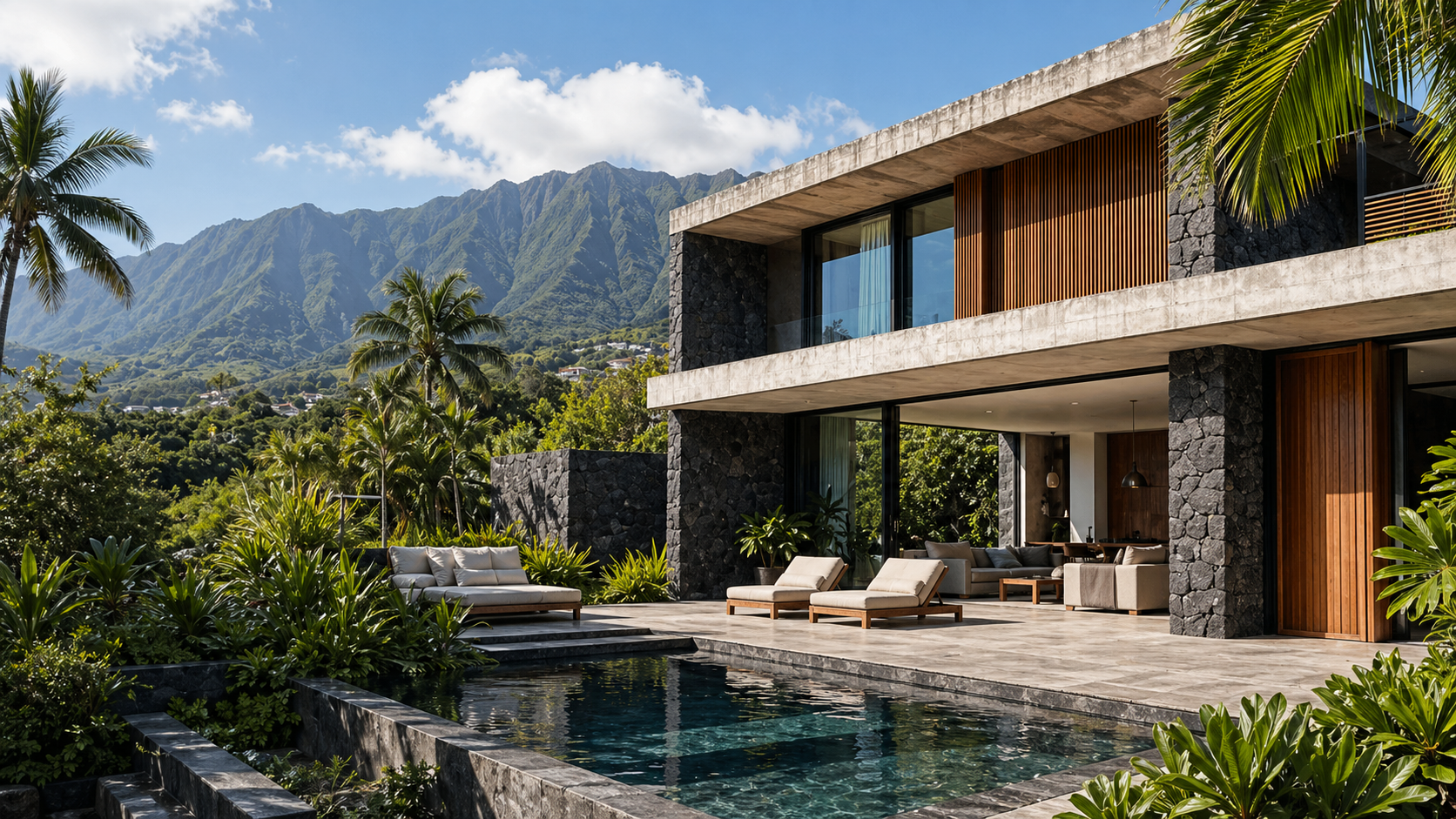 Villa contemporaine avec piscine et montagne à La Réunion